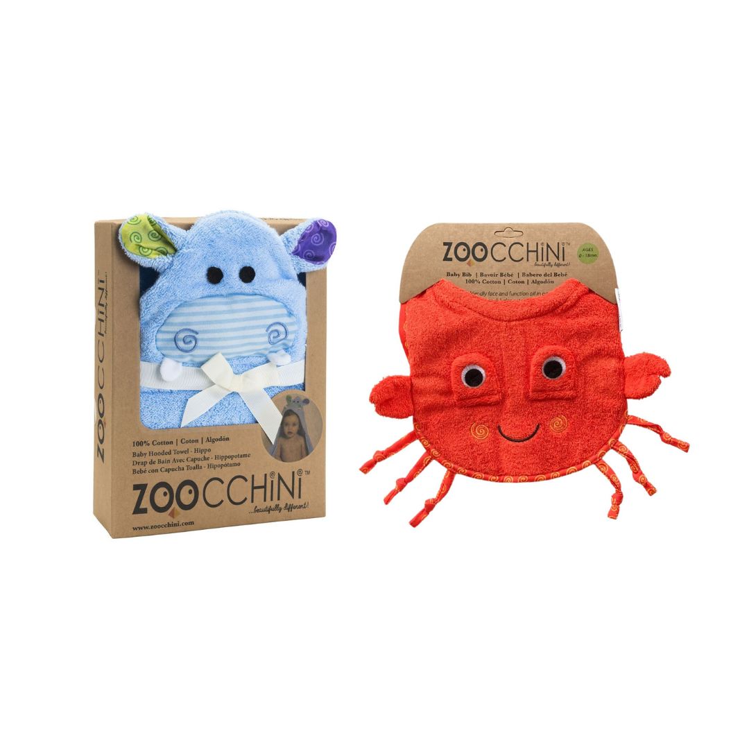 Zoocchini Baby Bundle: 100% Cotton Terry Hooded Towel & Bib (Hippo & Crab)