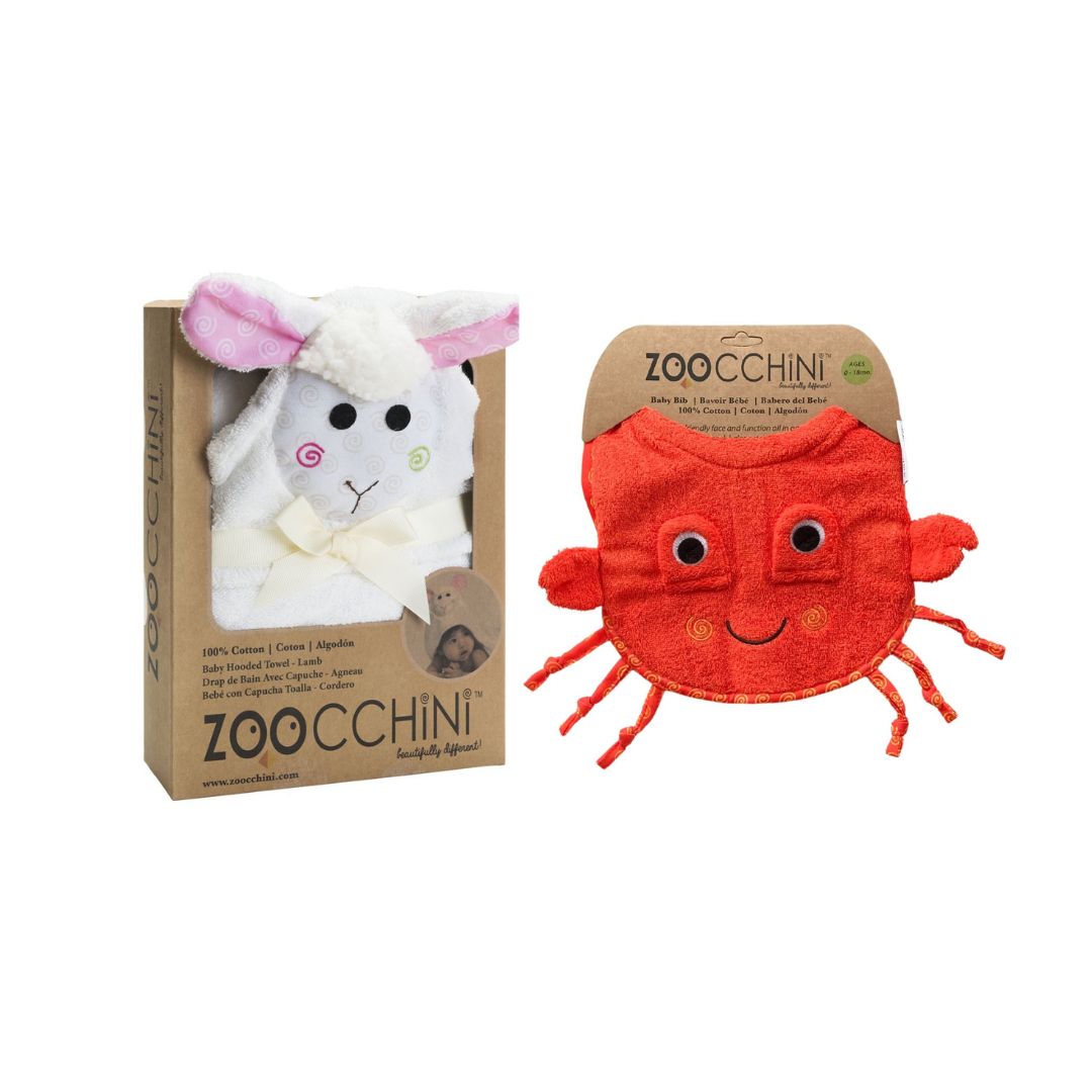 Zoocchini Baby Bundle: 100% Cotton Terry Hooded Towel & Bib (Lamb & Crab)