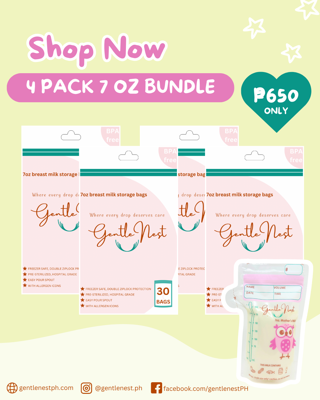 Gentle Nest 7 Oz Breastmilk Bags (pack of 30 bags)