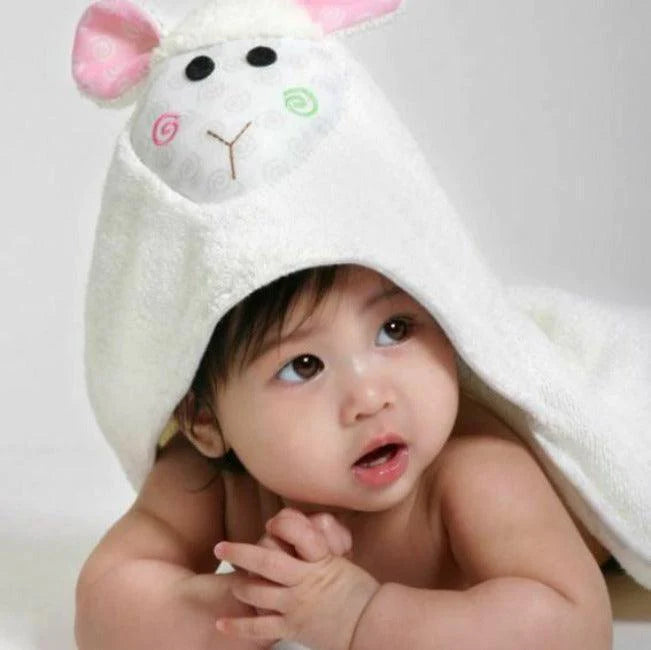 Zoocchini Baby Bundle: 100% Cotton Terry Hooded Towel & Bib (Lamb & Crab)
