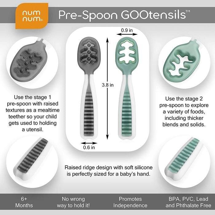Numnum GOOtensil Self-feeding Pre-spoons (Set of 2) - Grey & Green