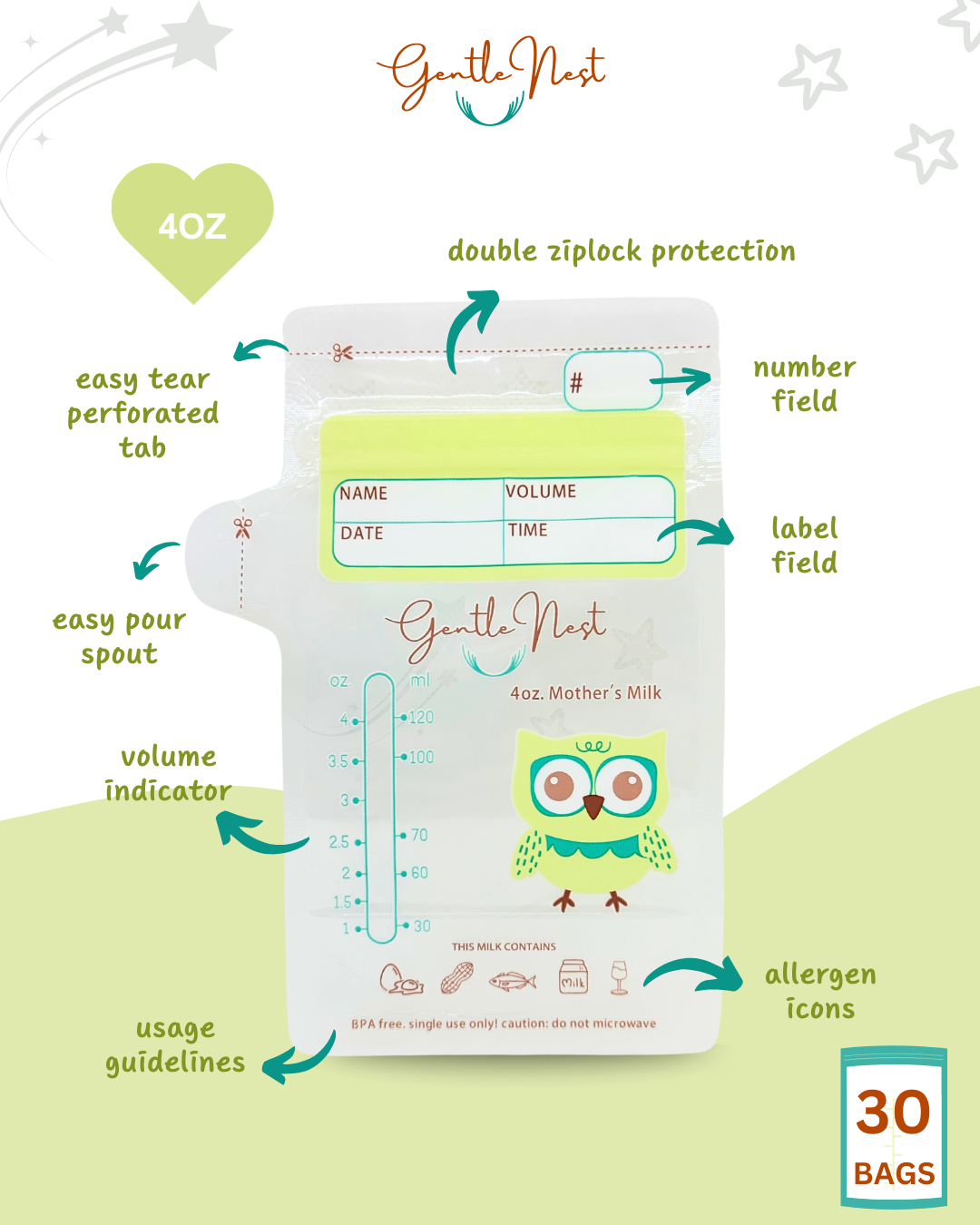Gentle Nest 4 Oz Breastmilk Bags (pack of 30 bags)