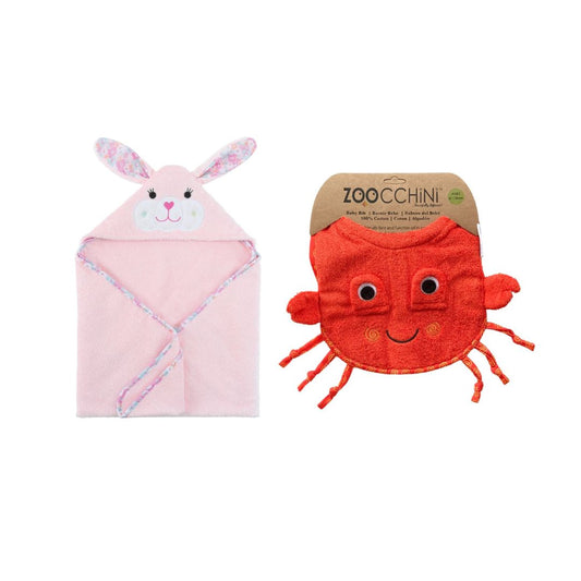 Zoocchini Baby Bundle: 100% Cotton Terry Hooded Towel & Bib (Bunny & Crab)