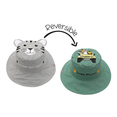 FlapjackKids Toddler/Kids UPF50 Reversible 3D Cotton Bucket Hat - Tiger/Safari