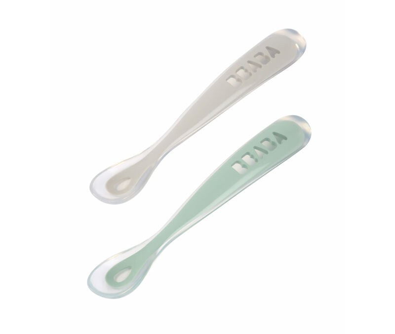 Beaba Set of 2 1st Age Silicone Spoon with Carry Case (Green/Grey)