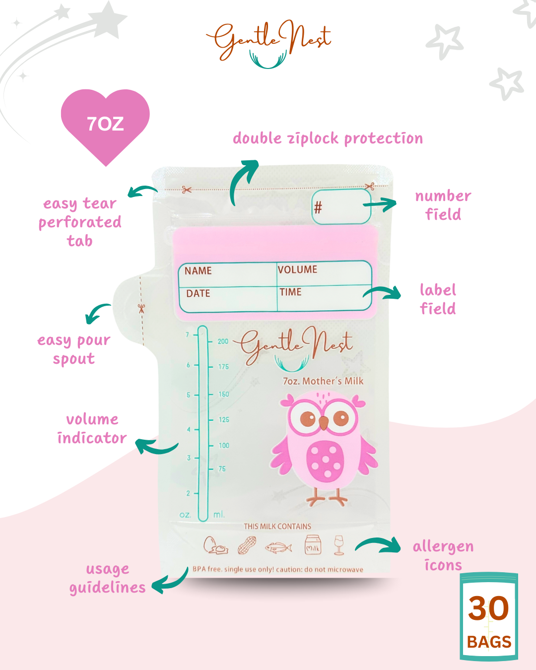 Gentle Nest 7 Oz Breastmilk Bags (pack of 30 bags)