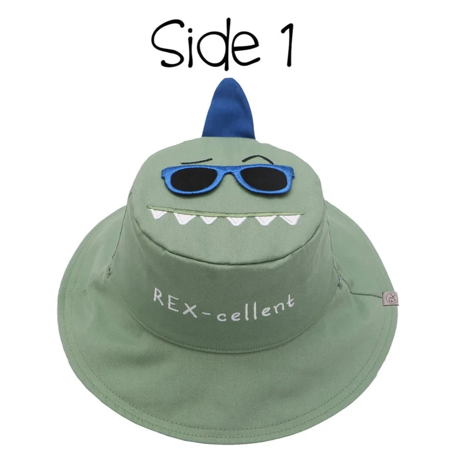 FlapjackKids Toddler/Kids UPF50 Reversible 3D Cotton Bucket Hat - Dino Surfer