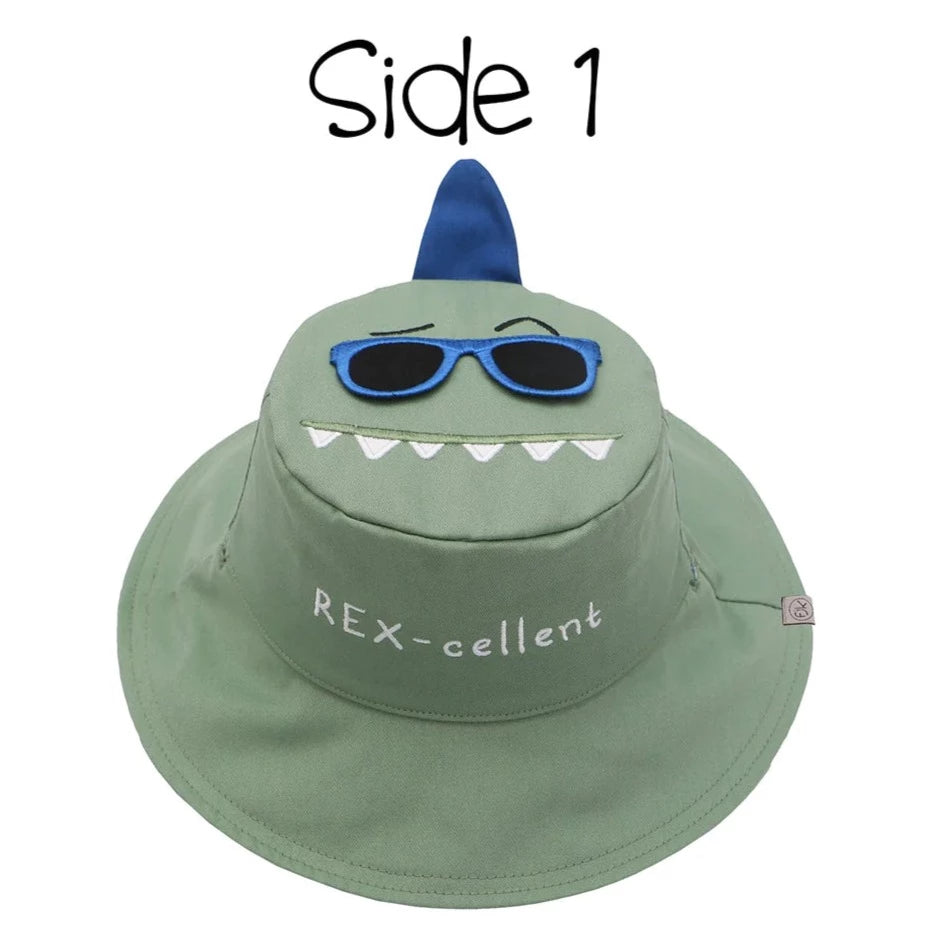 FlapjackKids Toddler/Kids UPF50 Reversible 3D Cotton Bucket Hat - Dino Surfer