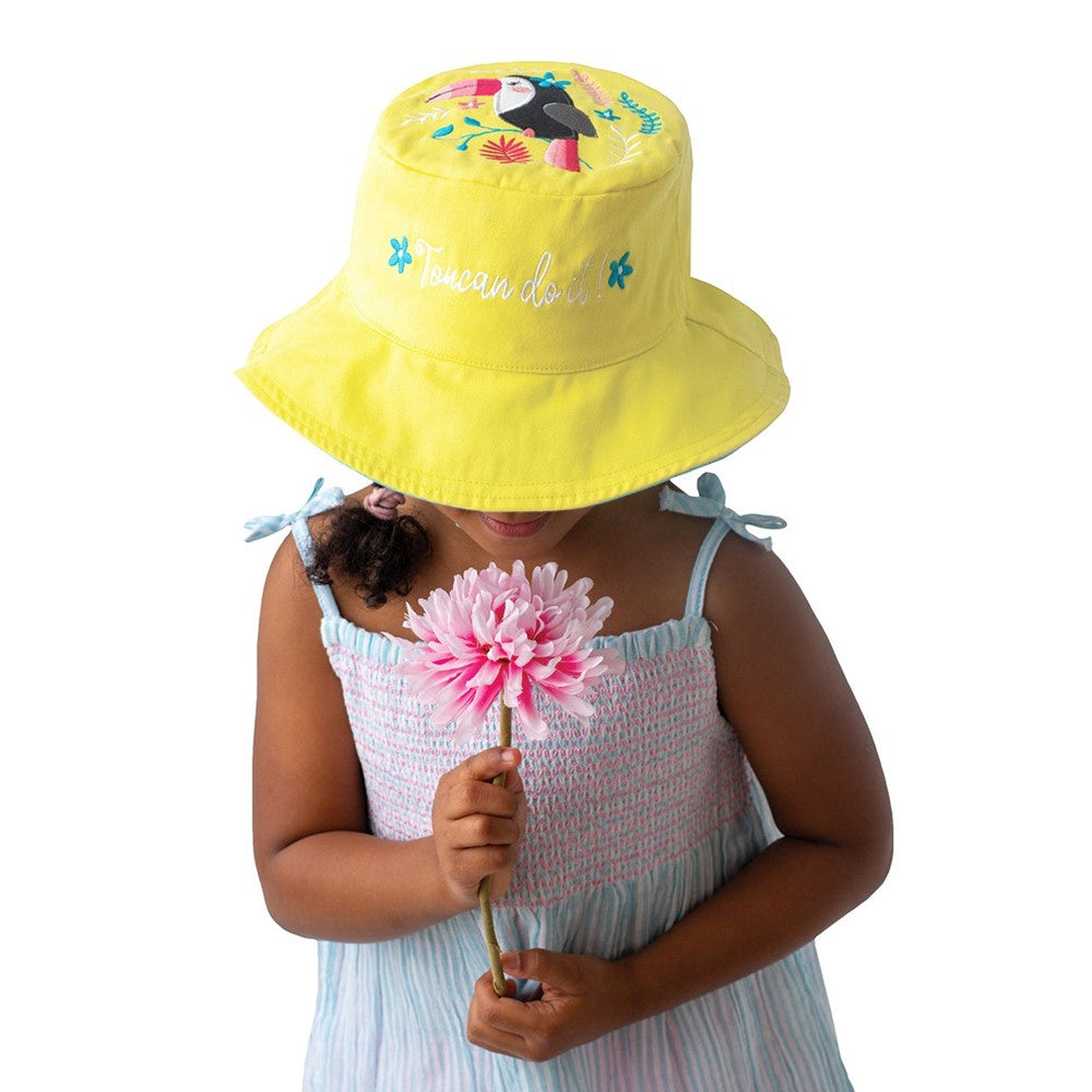 FlapjackKids Toddler/Kids UPF50 Reversible 3D Cotton Bucket Hat - Watermelon/Toucan