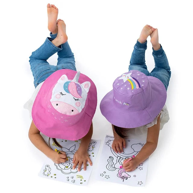 FlapjackKids Toddler/Kids UPF50 Reversible 3D Cotton Bucket Hat - Unicorn/Star