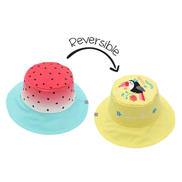 FlapjackKids Toddler/Kids UPF50 Reversible 3D Cotton Bucket Hat - Watermelon/Toucan