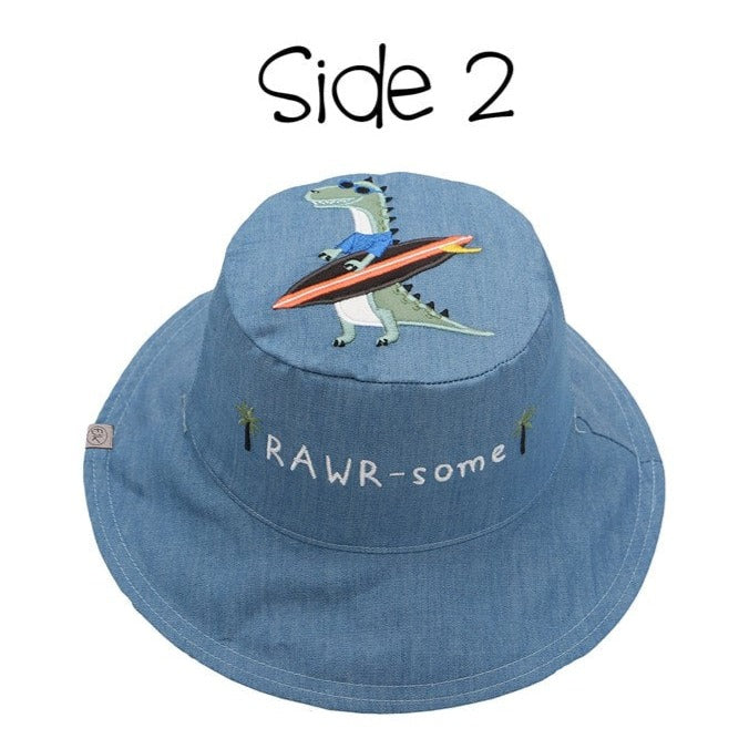 FlapjackKids Toddler/Kids UPF50 Reversible 3D Cotton Bucket Hat - Dino Surfer