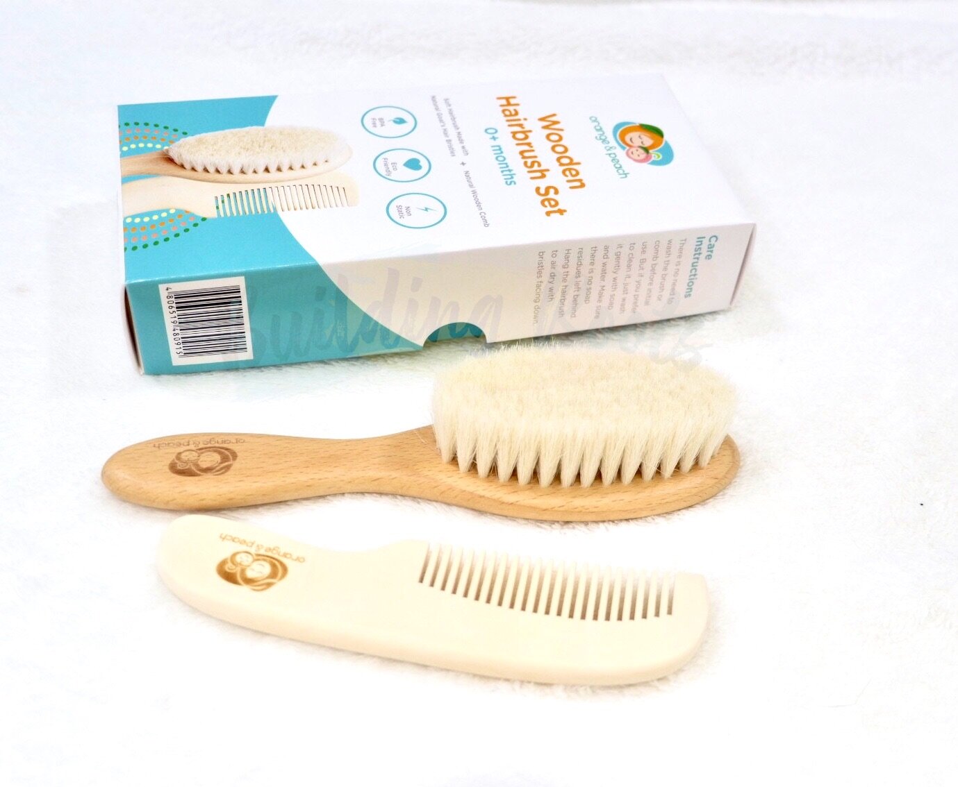 Orange & Peach Wooden Hairbrush and Comb Set